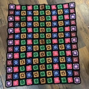 Vintage Crochet Granny Square Blanket 44x54 Roseanne Style Afghan Throw